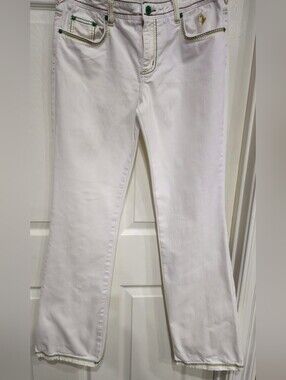 Baby Phat White Flare Jeans with Green Accent Stitching